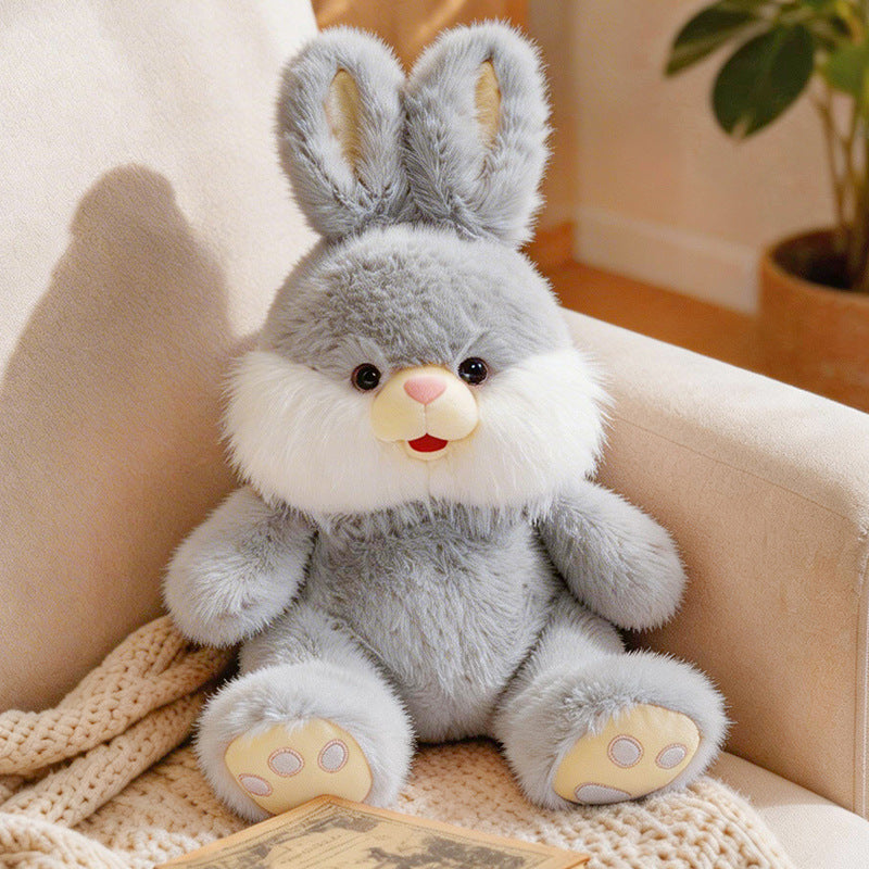 Plush Bunny Sitting Cuddle Companion with Fluffy Cheek Ruffs & Embroidered Paw Pads Kalsten