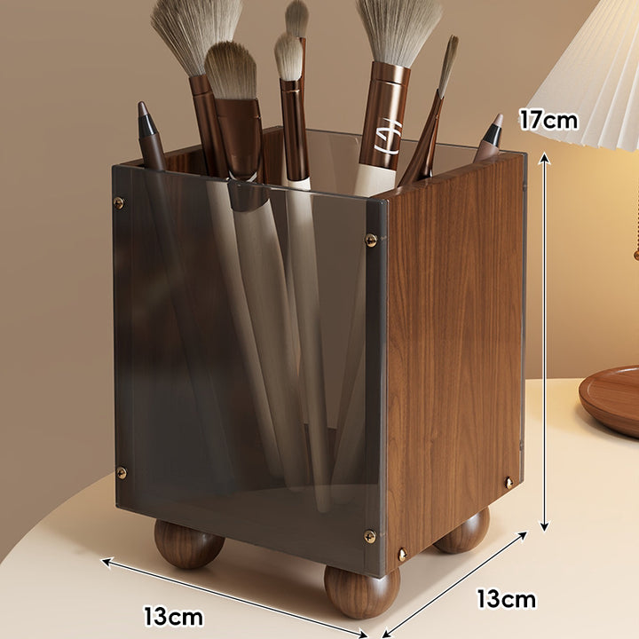 Smoked Acrylic and Walnut Desktop Makeup Brush Organizer with Round Wooden Feet
