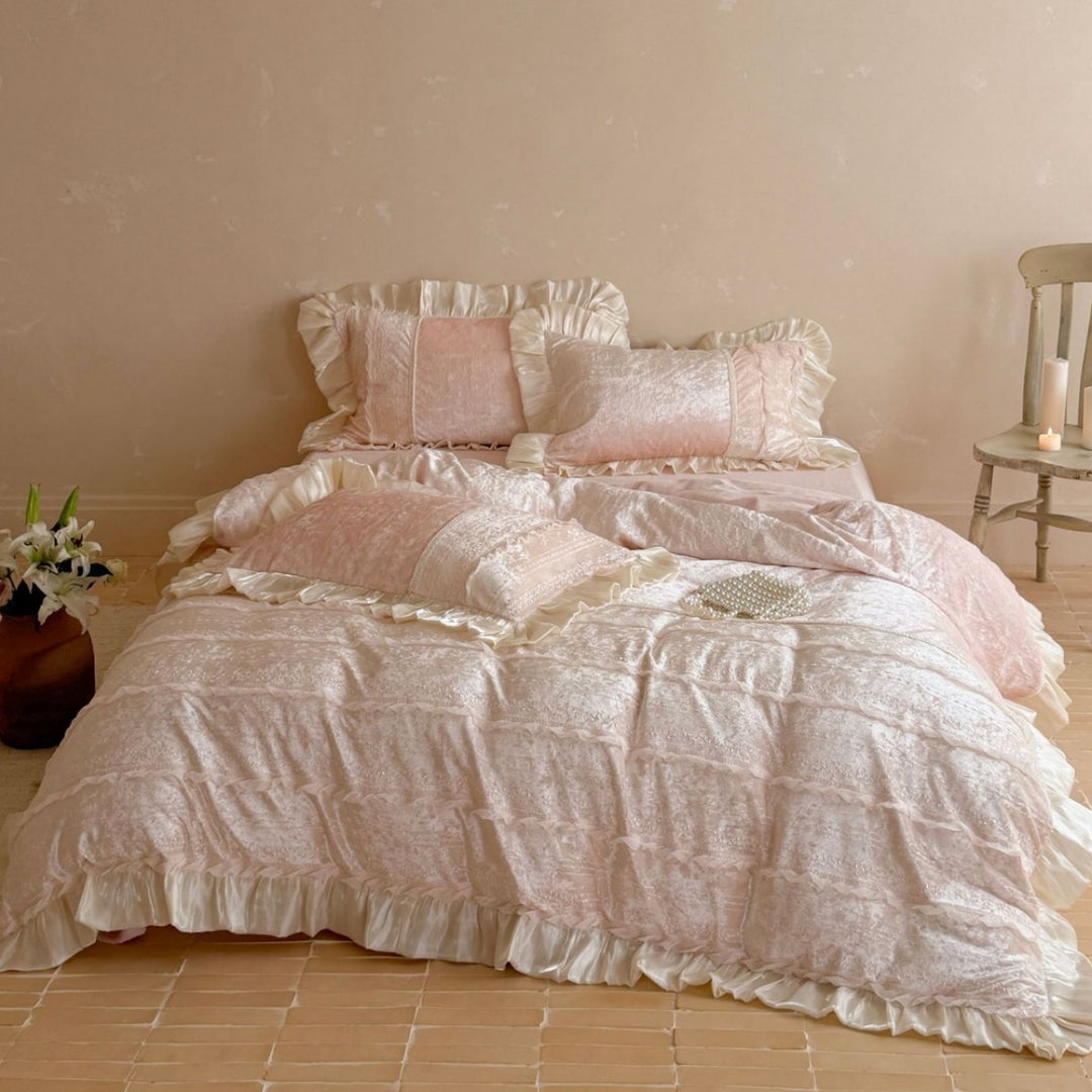 Velvet Bedding Set with Ruffles and Lace Trim