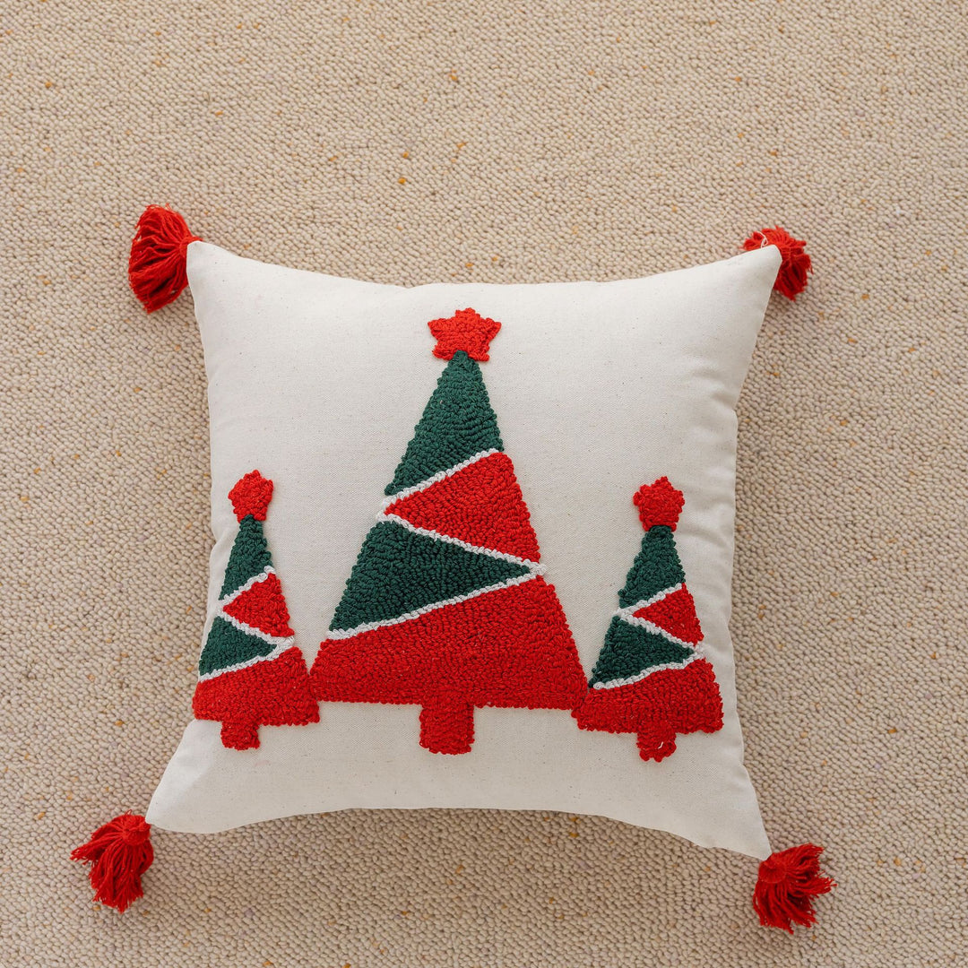 Square Holiday Tufted Cotton Throw Pillow with Tassel Corners and Appliqué Christmas Trees