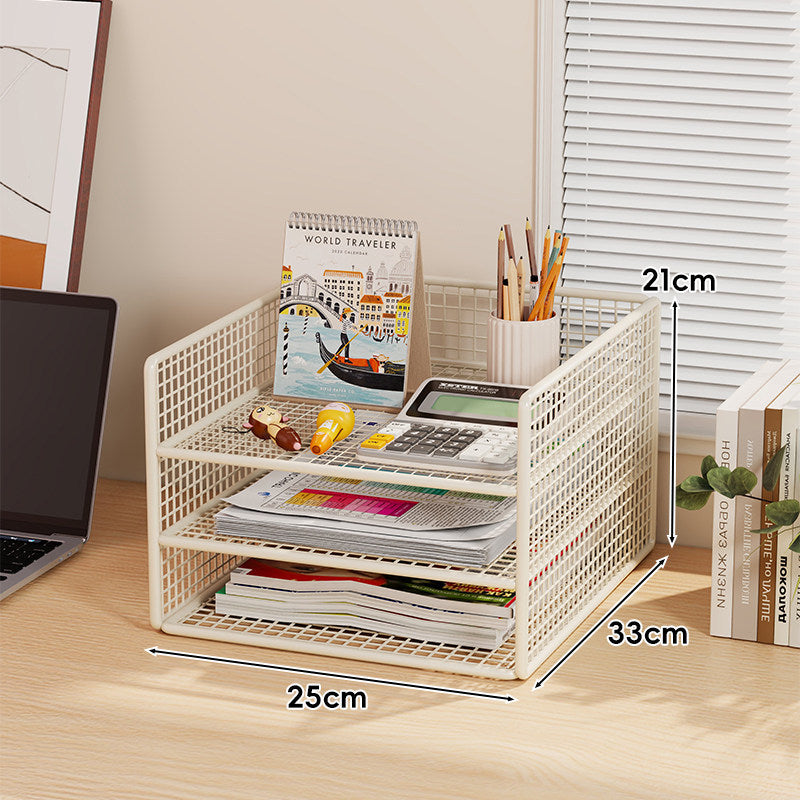 Multi-Tier Metal Mesh Desktop Document and Office Supply Organizer with Pull-Out Trays