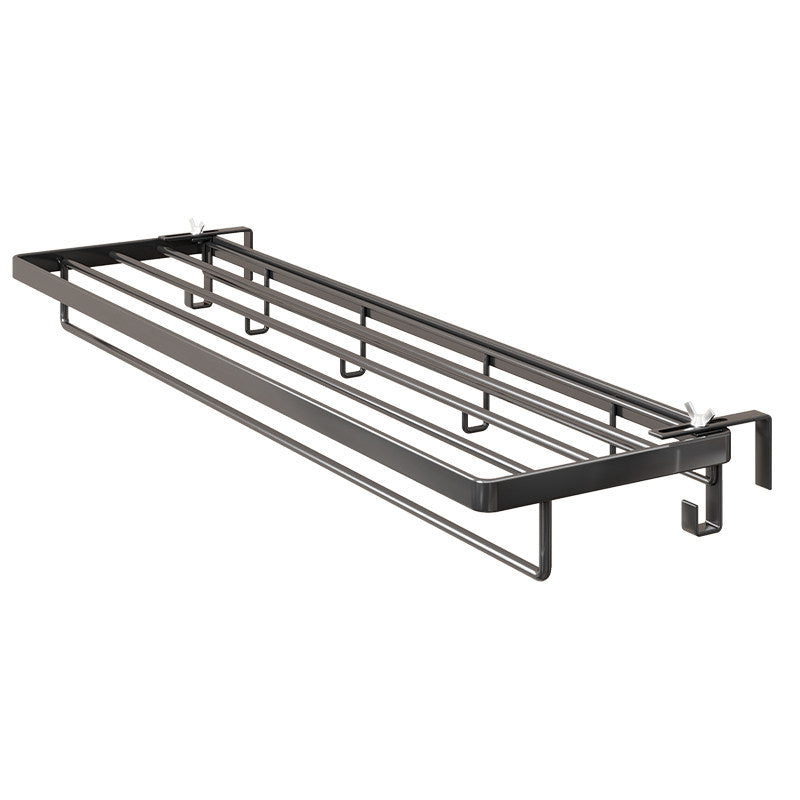 Bed Frame Mounted Slide-Out Clothes and Linen Shelf with Retractable Hanging Rail