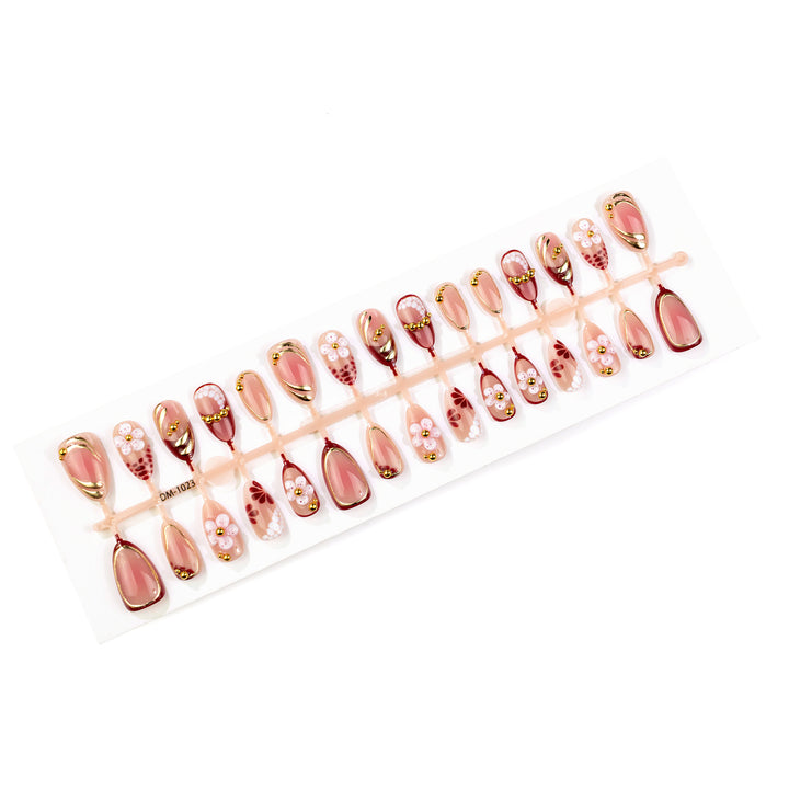 Artistic Press-On Nail Art Set with Floral and Gold Details Kalsten