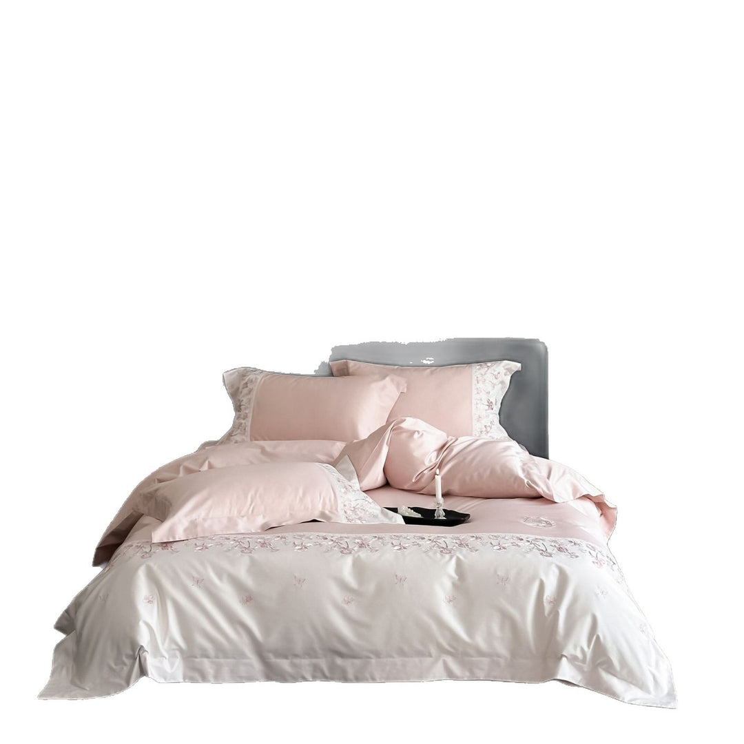 Luxurious satin bedding set with floral stitched border