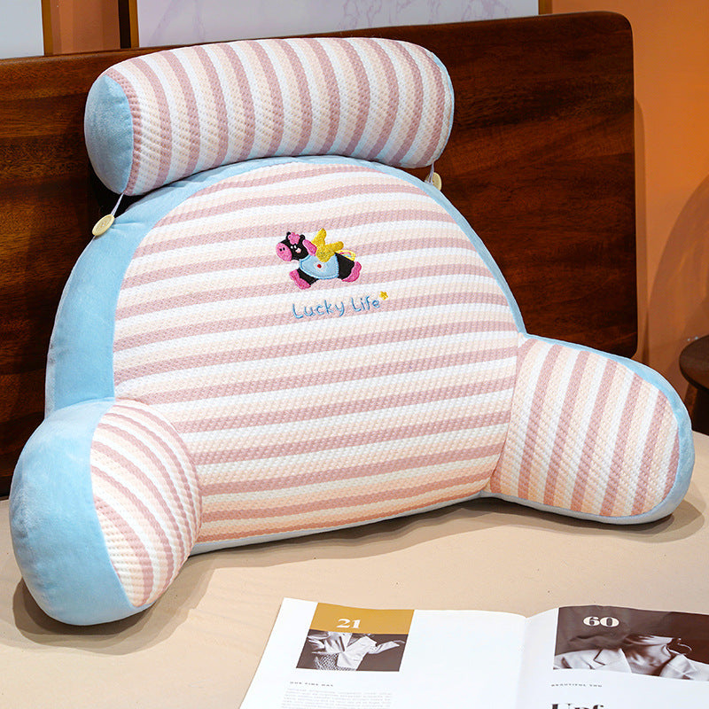 Padded bed backrest cushion with armrests and detachable neck roll