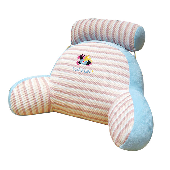 Padded bed backrest cushion with armrests and detachable neck roll