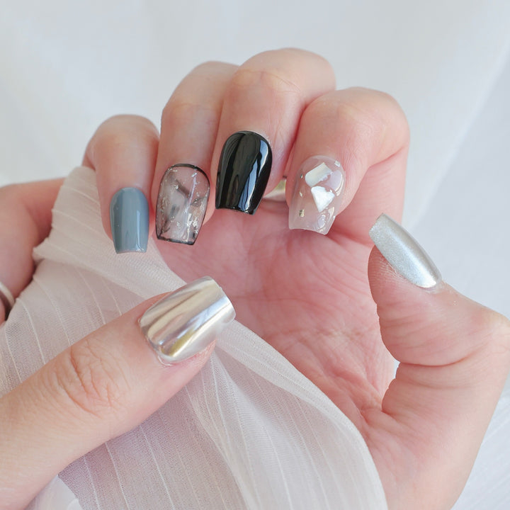 Artistic Press-On Nail Art Set with Heart and Celestial Designs