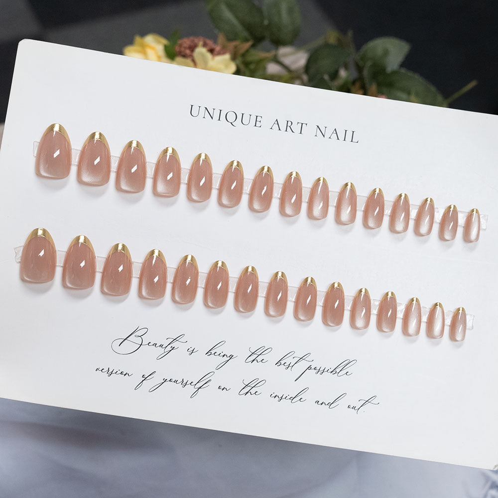 Glossy French Tip Press-On Nails with Metallic Accents