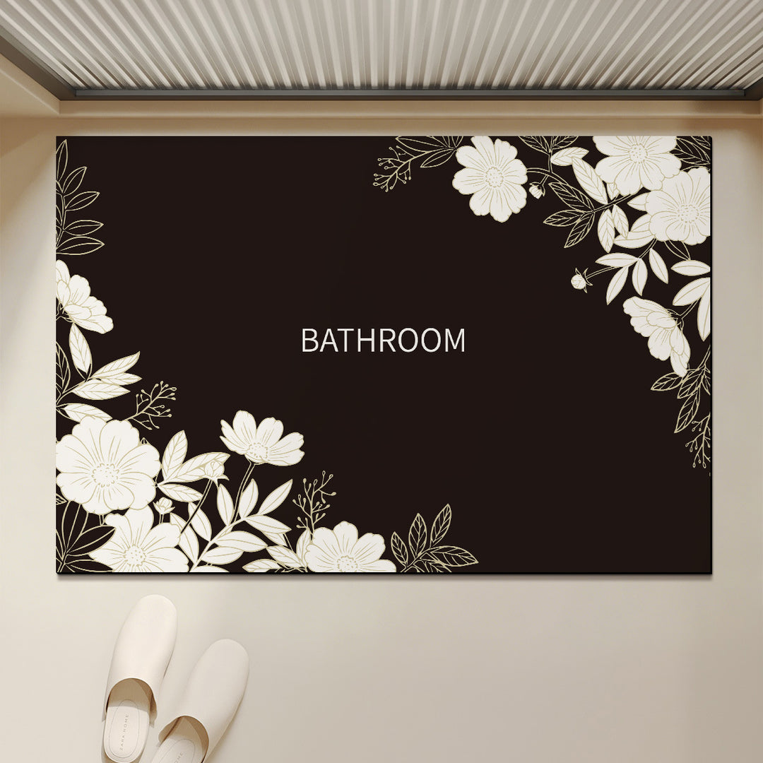 Absorbent Anti-Slip Bathroom Door Mat with Floral Corner Print and Quick-Dry Microfiber Surface