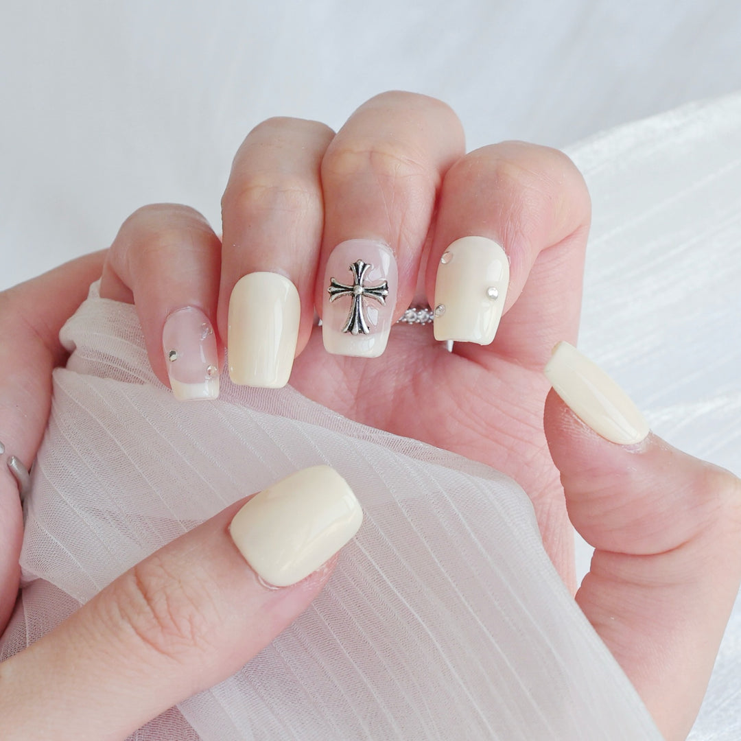 Artistic Press-On Nail Art Set with Heart and Celestial Designs