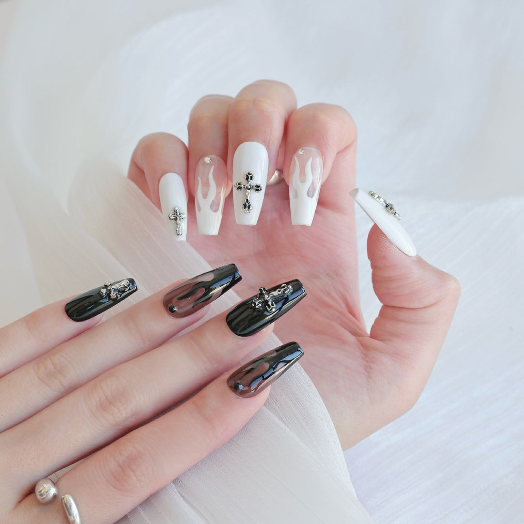 Artistic Press-On Nail Art Set with Heart and Celestial Designs