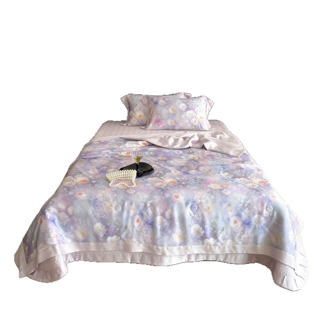 Luxurious satin bedding set with watercolor flower print and satin border