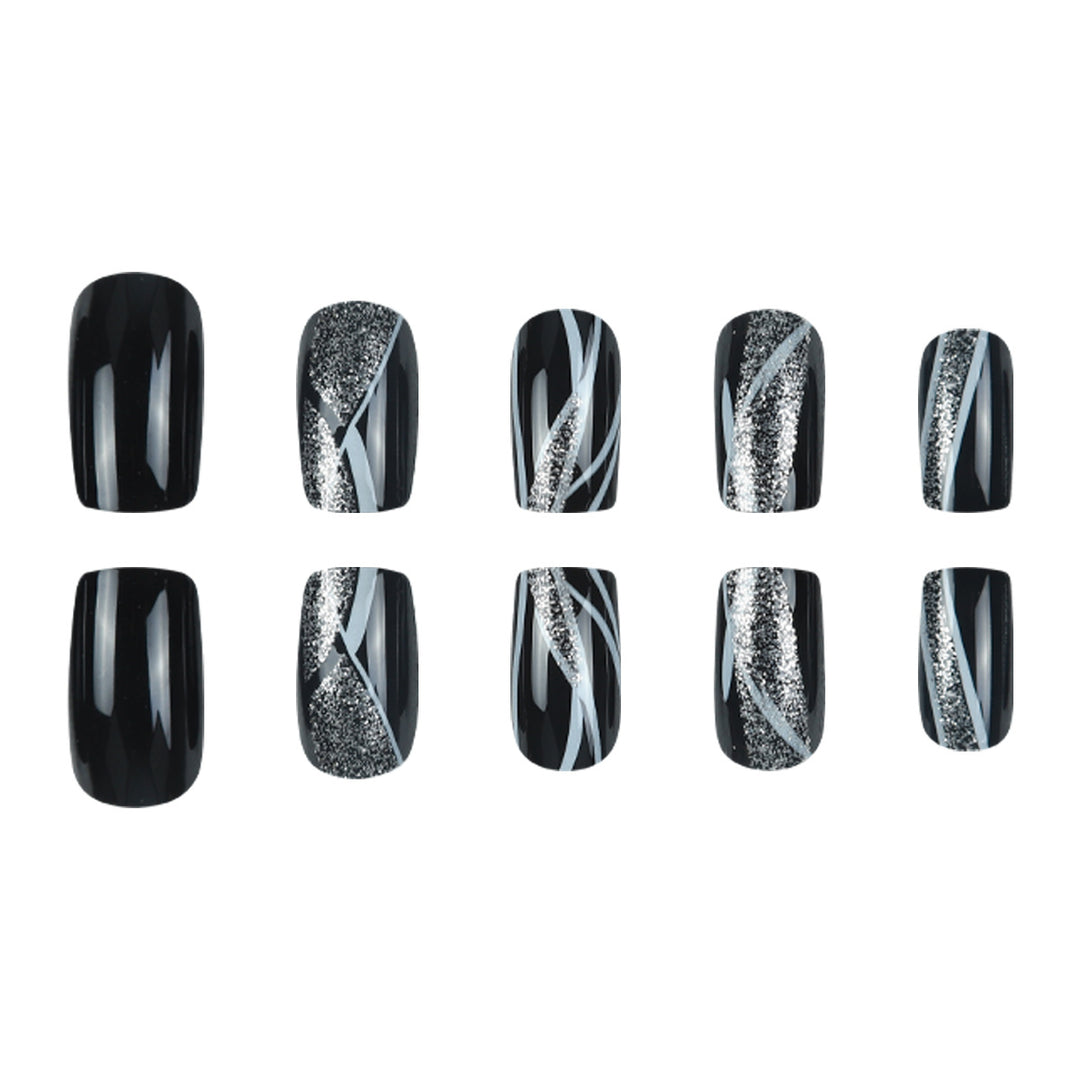 Stylish Press-On Nail Art with Glitter and Geometric Design Kalsten