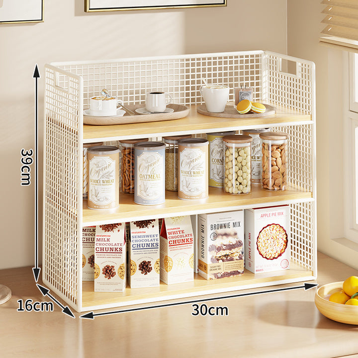 Multi-Tier Wire Mesh Countertop Pantry Organizer with Wood Shelves and Basket