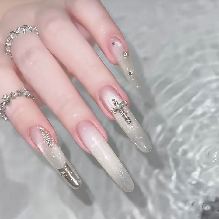Elegant Decorative Press-On Nail Set with Rhinestone Cross Accents Kalsten