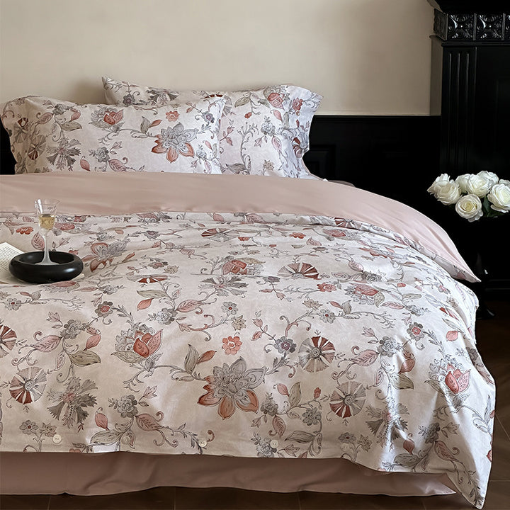 Luxurious satin bedding set with delicate rose patterns and button placket