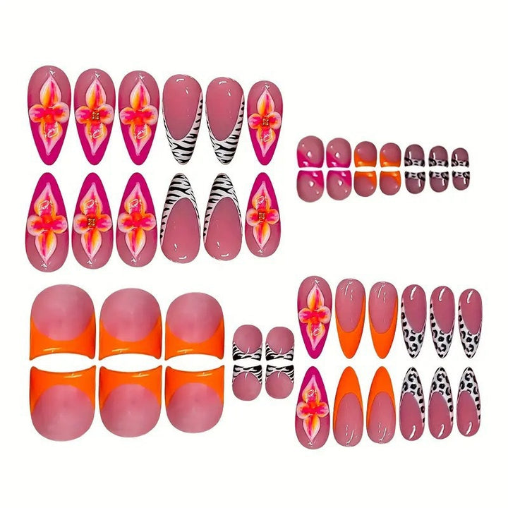 Artistic Press-On Nail Set with Floral and Geometric Accents Kalsten