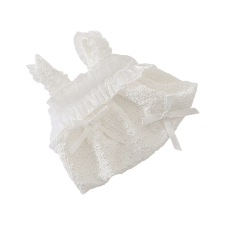 Infant Ruffle-Strap Textured Romper Dress with Organza Trim & Satin s