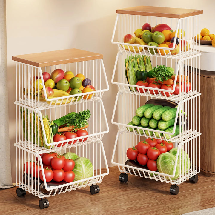 Compact Triple-Tier Rolling Wire Vegetable and Fruit Storage Cart with Wooden Top
