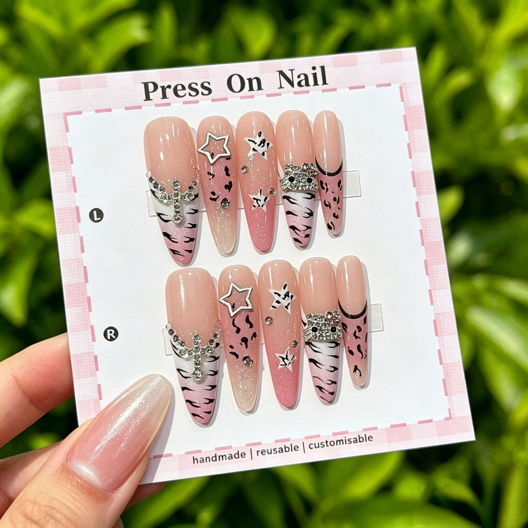 Artistic Press-On Nail Set with Floral and Patterned Designs