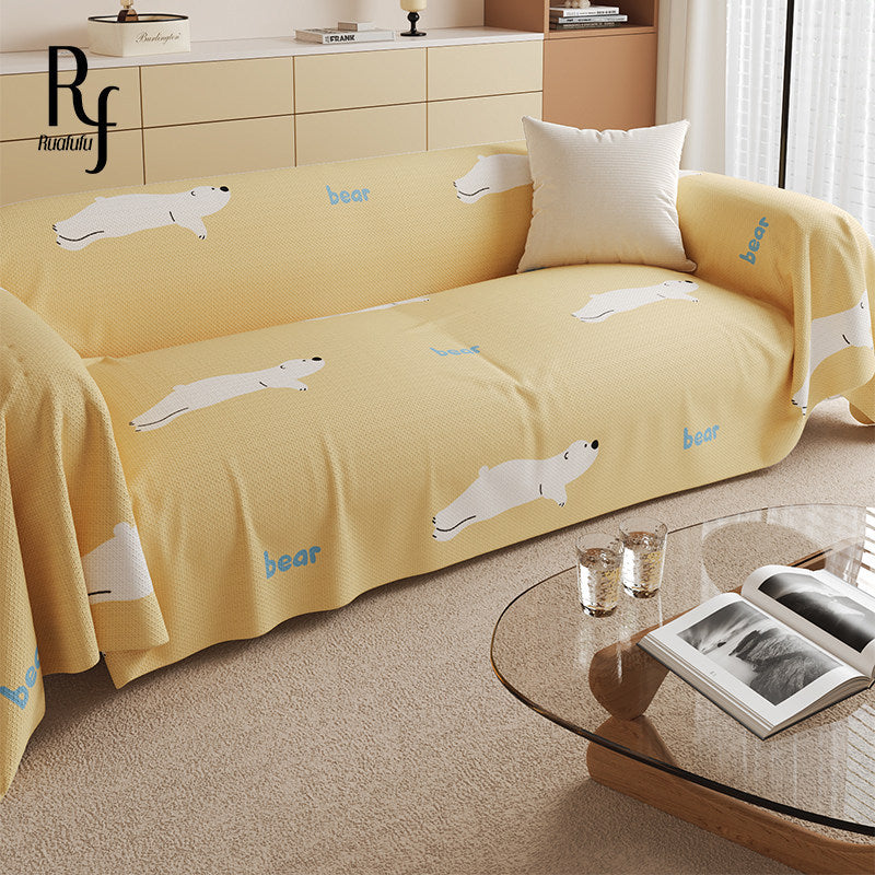 Stretch-Fit Checkerboard Sofa Slipcover with Cute Cat Illustration