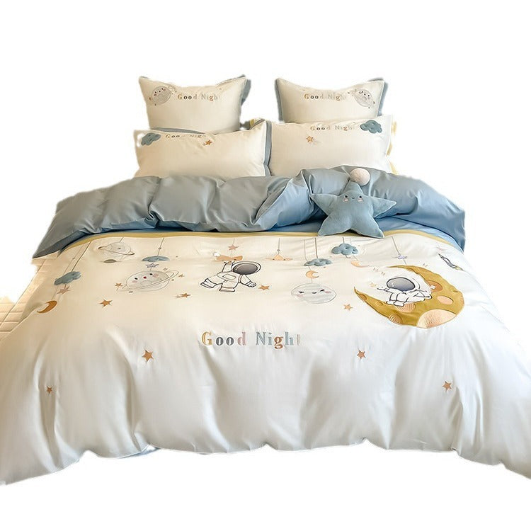 Children's bedding set with ruffles, embroidered cartoon appliqués and soft cotton satin