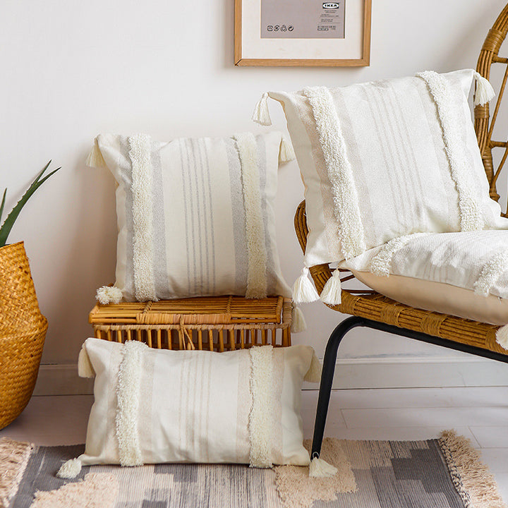 Square decorative cushion cover with boucle trims, tassels, and concealed zipper