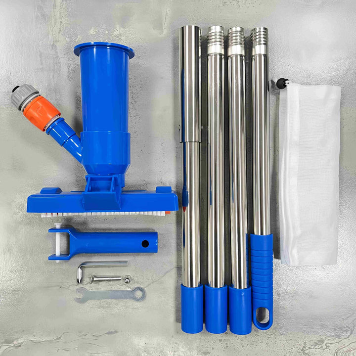 Telescopic stainless steel pool vacuum kit with brush head and fine mesh leaf bag Kalsten