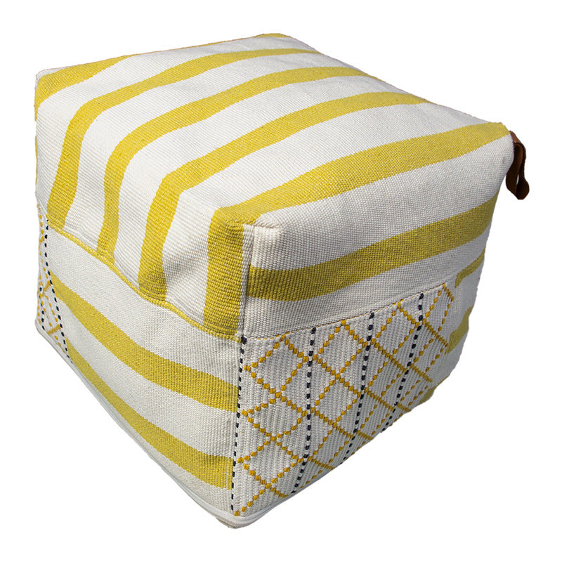 Padded pouf seat ottoman with woven structure and carrying handle