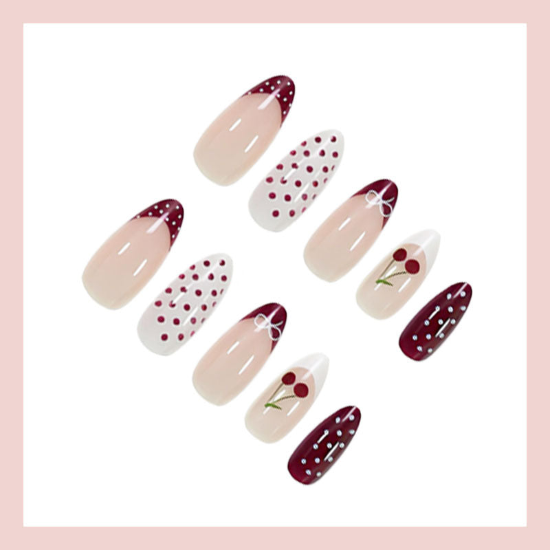 Artificial nail set with elegant cherry and polka dot patterns Kalsten