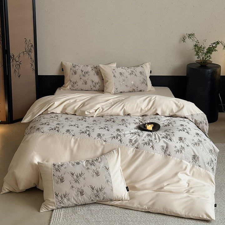 Satin bedding set with fine bamboo leaf print and silky soft finish