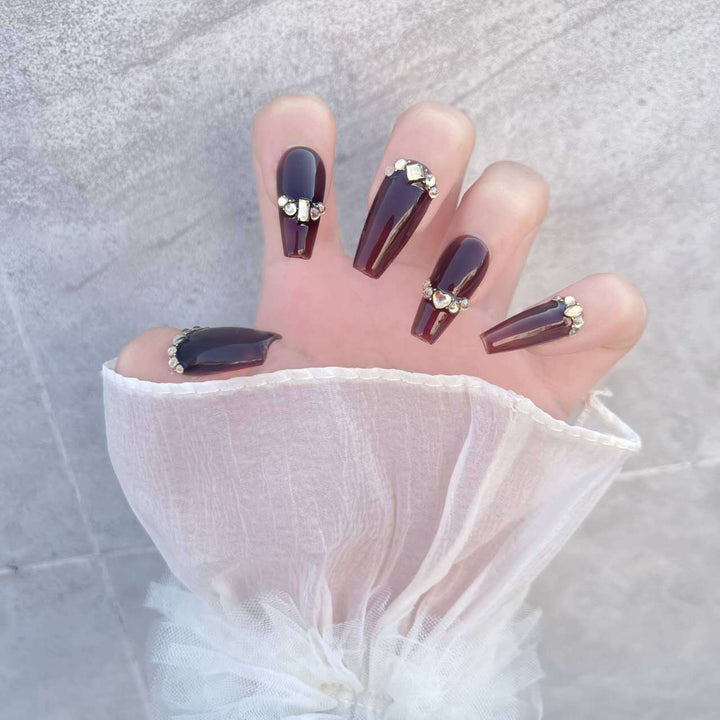 Artistic Glamorous Press-On Nails Set with Crystal Accents