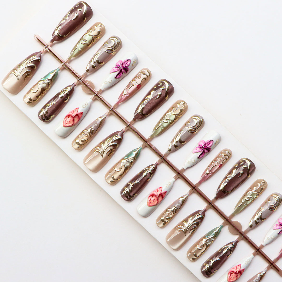 Artistic Press-On Nail Set with Floral Embellishments