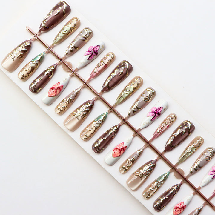 Artistic Press-On Nail Set with Floral Embellishments