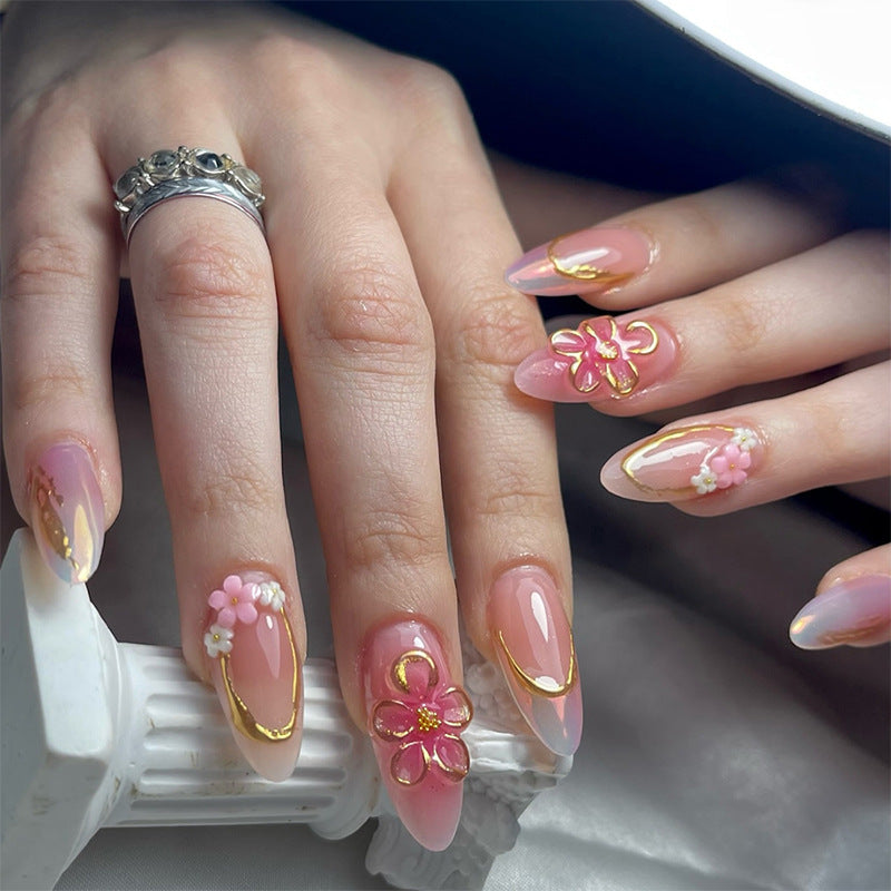 Decorative Press-On Nail Art Set with Elegant Floral and Gold Accents kalsten