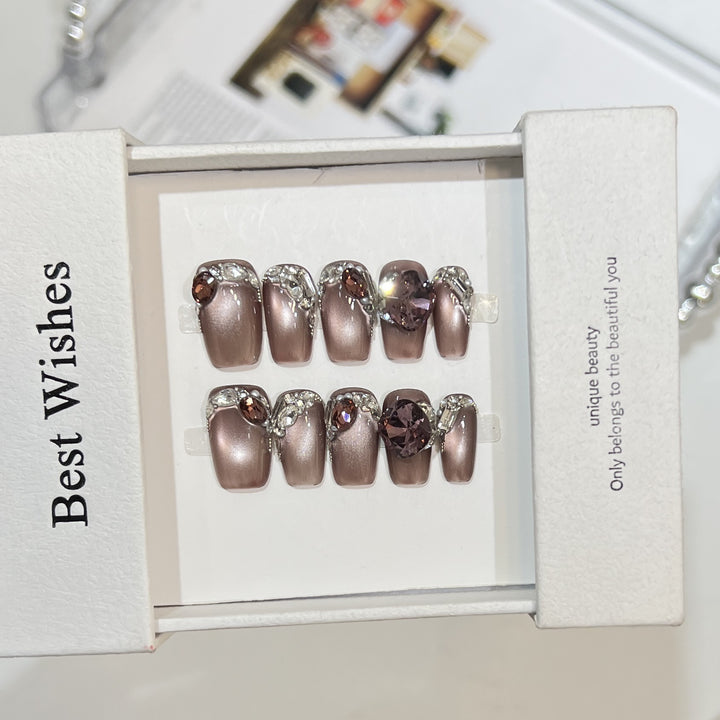 Decorative Press-On Nail Design with Gemstone Accents Kalsten