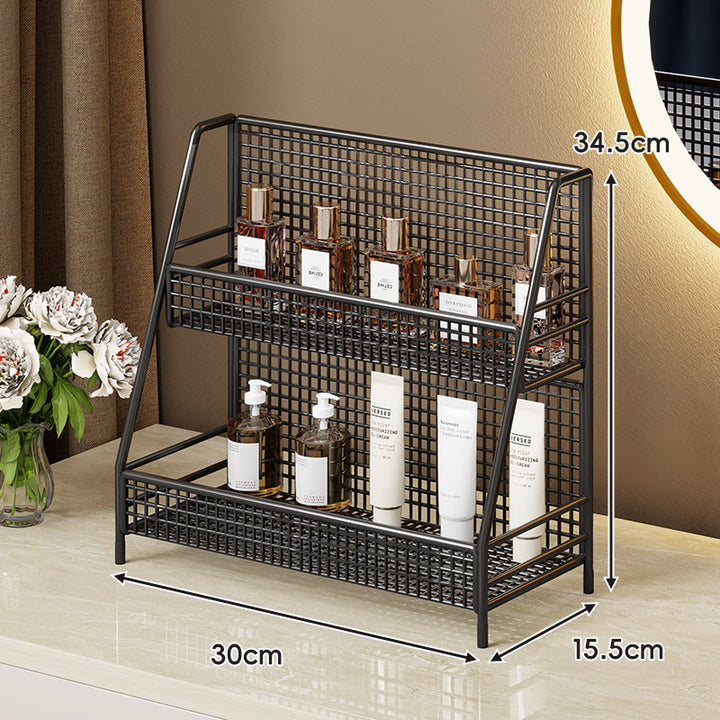 Two-Tier Metal Grid Countertop Vanity Organizer Shelf with Raised Front Lip