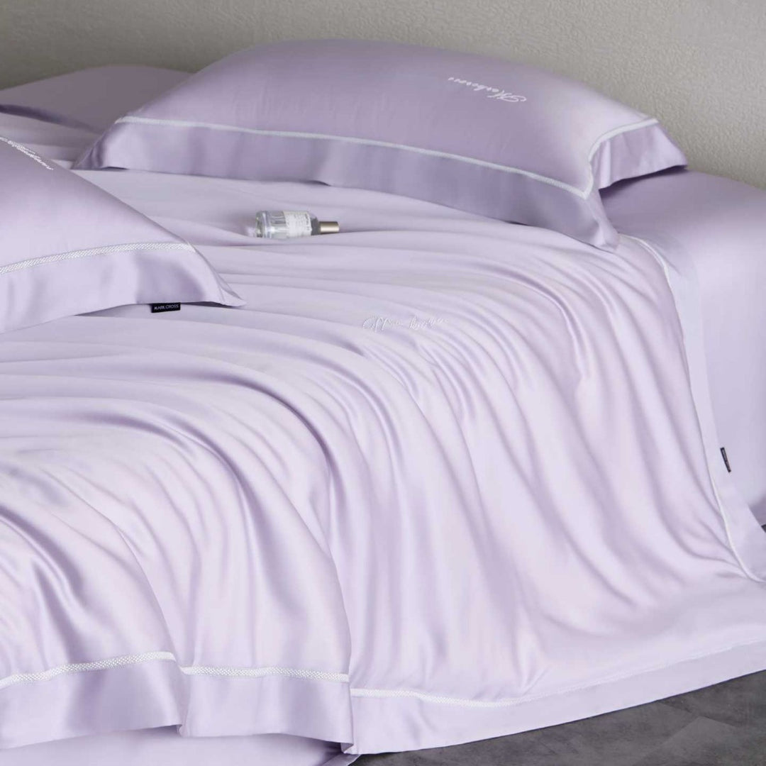 Silky-smooth cotton satin bedding set with fine decorative ribbon and pillowcases