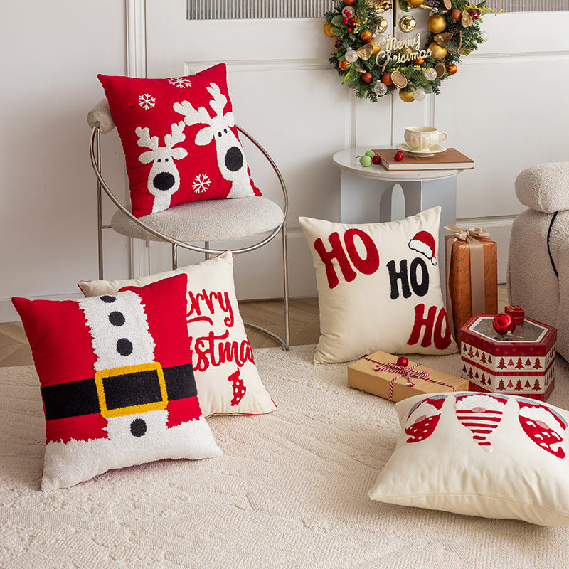 Festive Embroidered Chenille Square Throw Pillow Cover with Hidden Zipper and Piped Edge
