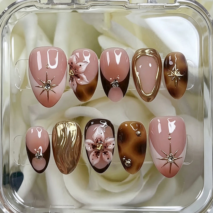 Artistic Press-On Nail Set with Floral and Gold Accents Kalsten