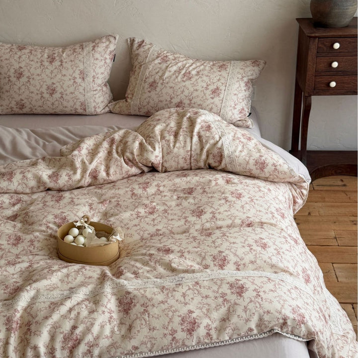 Cotton Percale Duvet Cover Set with Country Flower Pattern, Reversible Function and Lace Border