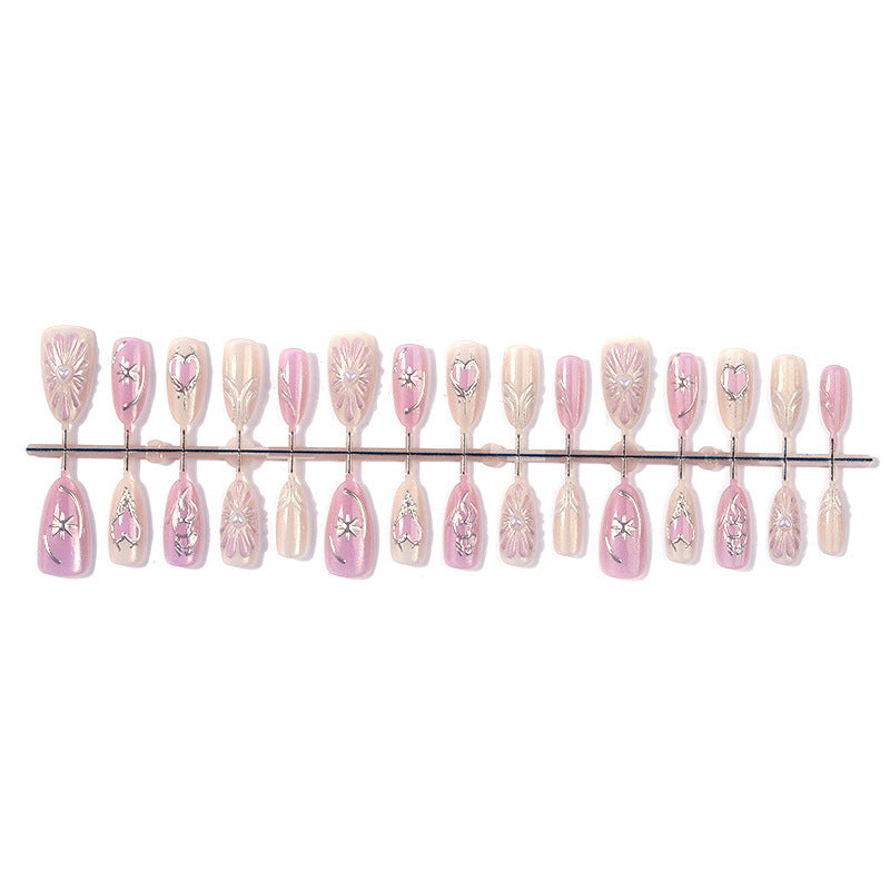 Artificial nail set with floral accents and glittering details Kalsten
