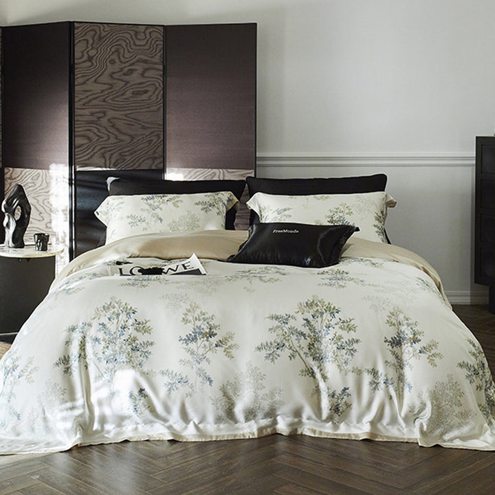 Luxurious cotton satin bedding set with fine botanical branch pattern and silky-soft touch
