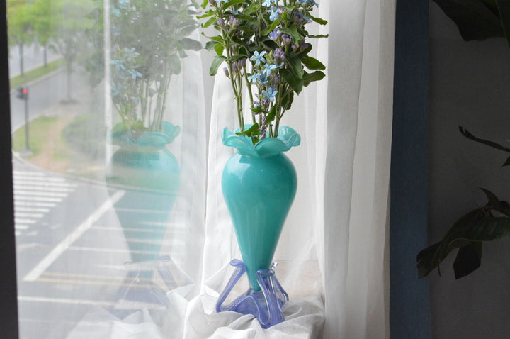 Handblown Fluted Pedestal Art Glass Trumpet Vase Kalsten