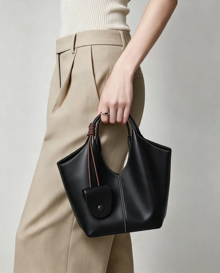 Curved-Top Soft Leather Bucket Tote with Hanging Mini Pouch