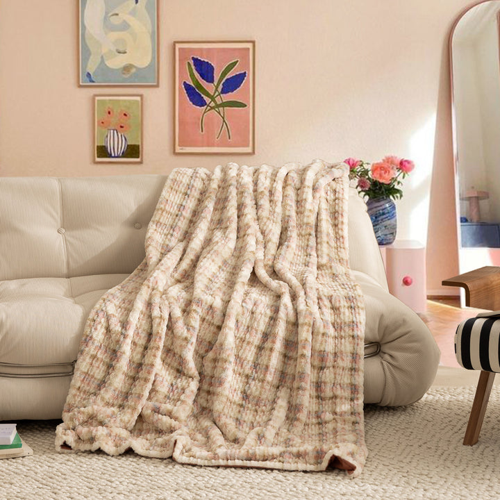 Extra soft blanket made of microfiber with thick chenille structure and warming filling