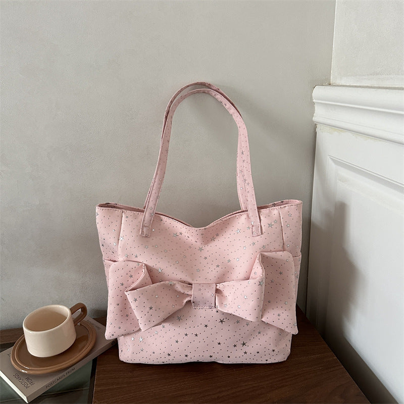 Bow-Embellished Star-Pattern Tote Bag