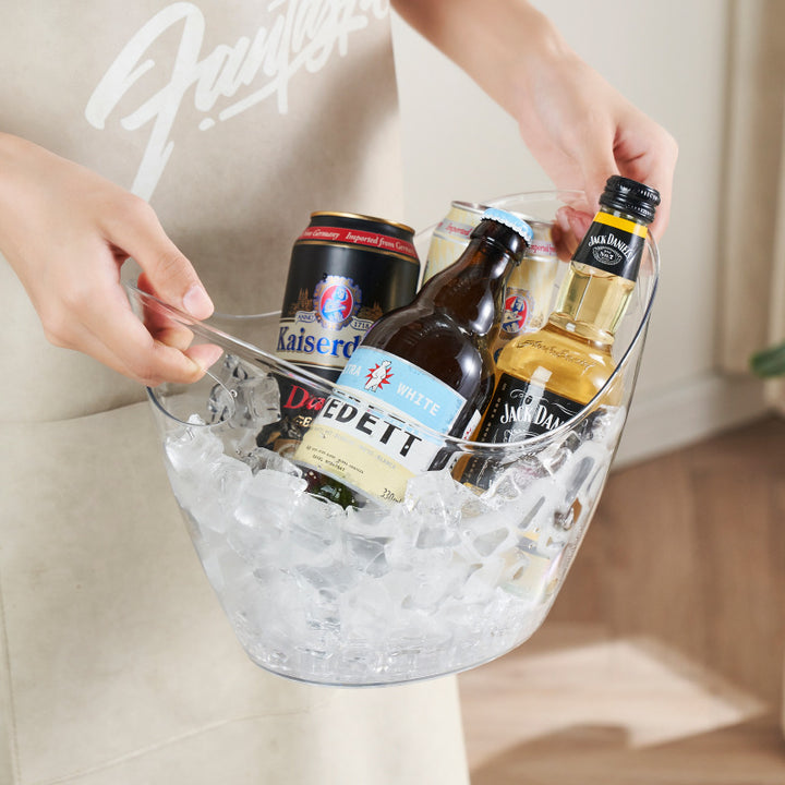 Acrylic ice bucket with handle indentations for bottles
