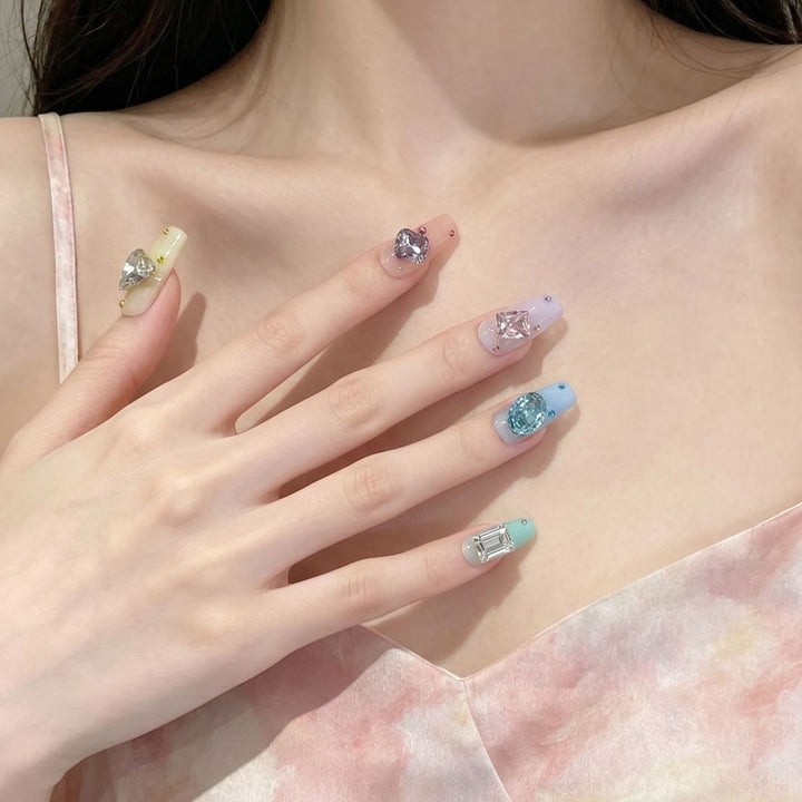 Artistic Press-On Nail Set with Gemstone Embellishments Kalsten