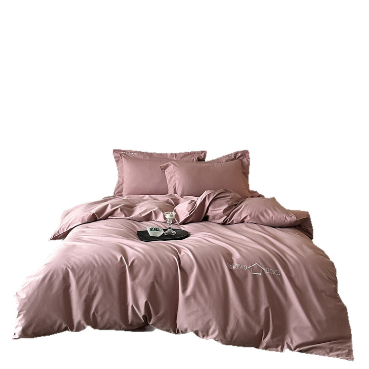 Modern cotton satin bed linen set with embroidered logo, extra soft hotel finish and zipper